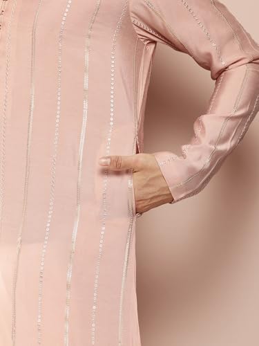 Image of See Designs Men's Long Sleeve Side Slit Chanderi Silk Sequins Mandarin Collar Kurta