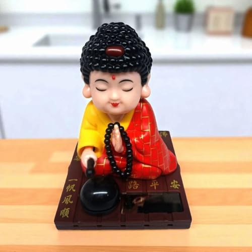 Image of Solar Powered Buddha Bobblehead Decorative Showpiece 9.5 cm | Dancing Buddha Dashboard Toy for Car Office Desk Home Decor | Automatic Solar Energy Moving Figurine (Red)