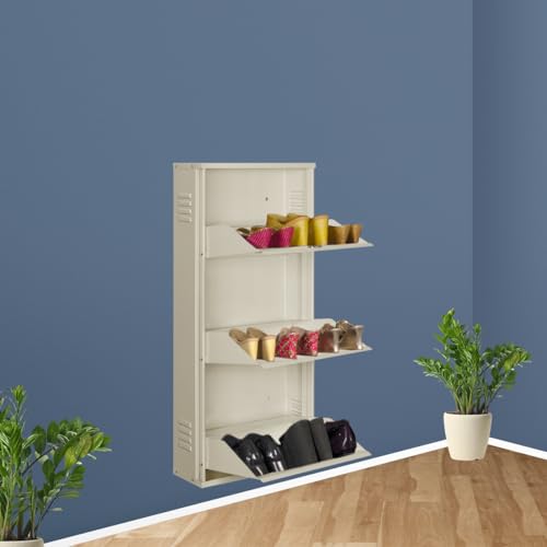 Image of DELITE KOM 20 Inch Wide, 3 Shelf Metal Shoe Rack Wall Mounted for Home with Central Lock | Holds Upto 8 Shoes or 12 Slippers Pair | 1 Year Warranty | (41 x 20 x 5 Inch, Ivory) | DIY | Space Saving