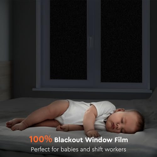 Kromapolis Blackout Window Privacy Film Total Light Blocking Room Darkening Window Covering, Removable Static Cling Frosted Glass Tint, Non-Adhesive, Black 17.5'' x 118.1''