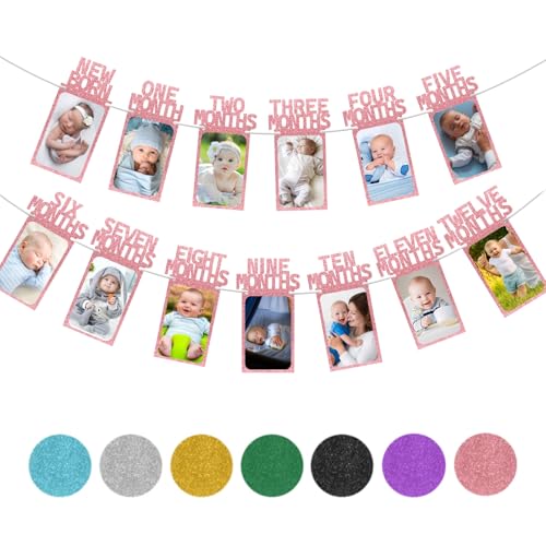 Rose Gold 1st Birthday Baby Photo Banner for Baby Girls Newborn to 12 Months Display Party Decoration, Monthly Milestone Photograph Bunting Garland, First Birthday Celebration Decoration