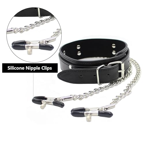 Image of Nipple Clamps with Collar Choker, Nipple Clamps with Necklace Chain Sex Toy Body Breast Clamps Nipple Clips for Woman Ladies Men Gay Adults Couples BDSM SM Fetish Flirting Slave Role Play