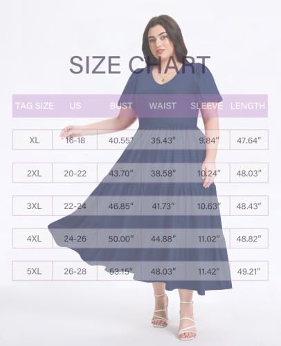 Image of Women's Plus Size Summer Dresses Floral Casual Tiered Midi Dresses V-Neck Short Sleeve Long Maxi Dress with Pockets