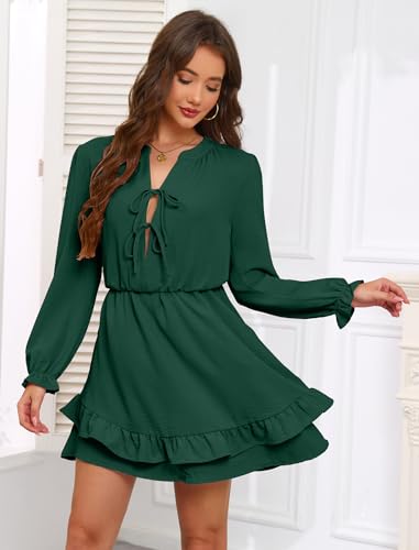 Image of Angashion Womens Tie Front Mini Dress V-Neck Ruffle Hem Summer Pockets