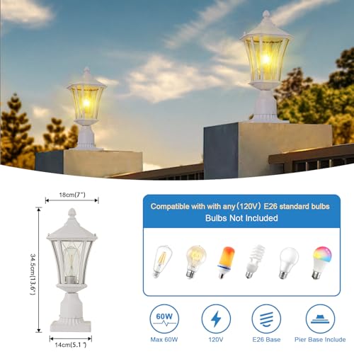 Outdoor Post Light for Pathway Courtyard Lawn Road, Pier Mount Outdoor Lighting, Waterproof White Pole Lamp Light Pillar Lantern with 3" Pier Mount Base, Aluminum Fence Frame, Glass Shade