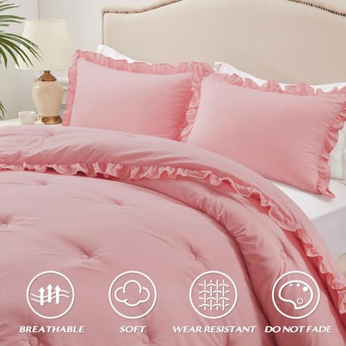 Image of HARBOREST Queen Comforter Set - Pink Ruffle Comforter for Queen Size Bed, Fluffy Comforter Set, 3 Pieces Shabby Chic Bedding with 1 Comforter & 2 Pillow Shams