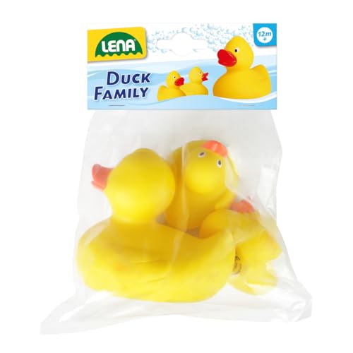 Lena 65543 - Entenfamilie 3er Set, Mama Ente ca. 11cm und 2 Enten Küken ca. 5cm als Badewannen Spielzeug, Quietscheente zum Baden und Spielen, Badeente Familie, Entenset für Kinder ab 12 Monaten, gelb