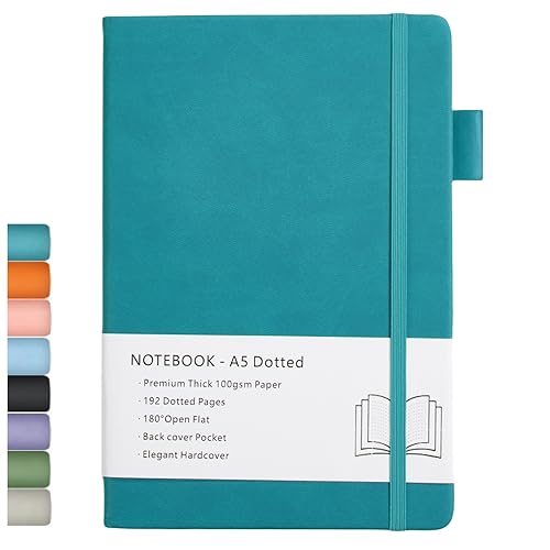 Cuaderno de puntos, A5, tapa dura, con papel grueso de 100gsm, bolsillo interior, banda elástica, cubierta de piel sintética, 192 páginas, 14,5 x 21,3 cm