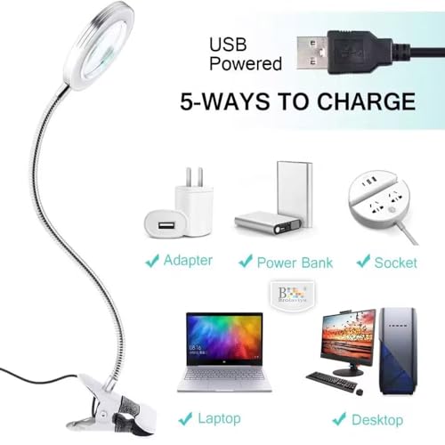 Image of BROLAVIYA Overhead 5X Magnifying Glass with 12cm Led Light, 3 Color Modes Dimmable, Flexible Hose Metal Arm, Magnifier Desk Lamp for Crafts, Makeup, Reading, Photography - Silver