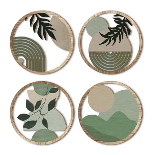 ACOLY Décoration murale bohème 4 pièces, suspension murale ronde creuse décorative en bois, art géométrique neutre botanique vert pour salon, chambre,...