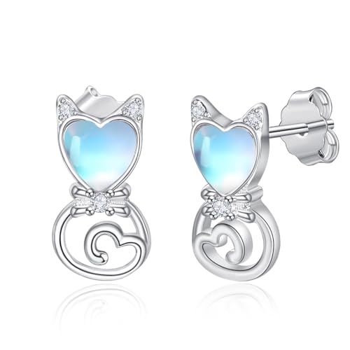Pendientes de gato en plata de ley 925 fina y piedra lunar auténtica para mujer