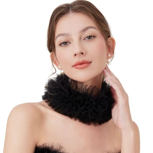 Victorian Tulle Ruffle Collar, Layered Mesh Neck Ruff, Elizabethan Renaissance Costume Accessory (black a)