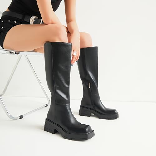 CouieCuies Black Knee High Boots For Women Square Toe Chunky Heel Comfortable Tall Boot Pu Leather Lug Sole Shoes4