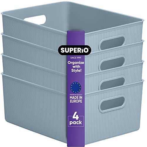 Image of Superio Ribbed Collection - Decorative Plastic Basket Open Home Storage Bins Organizer, Large Blue (4 Pack) Container Boxes for Organizing Closet Storage Bins for Shelves 15 Liter /16 Quart