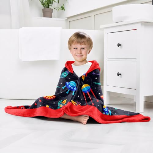 Image of Universe Boys Beach Towel with Hoodie for Kids Toddlers Age 4-8,Starry Sky Blue Bath Towels Shower Wrap for Boys, Hooded Poncho Beach Blanket for Pool Swimming Cute Wearable Bath Towel for Child
