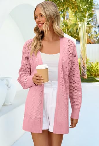 MEROKEETY Women's 2025 Beach Swim Cover Up Summer Oversized Kimono Lightweight Crochet Long Sleeve Cardigan Sweater, Pink, Large - Image 7