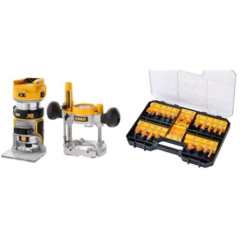 DEWALT - Affleureuse Défonceuse Brushless XR 18V - Plongée 55mm & Coffret 22 Fraises de Défonceuse - DT90017-QZ - Set de Fraises à Rainurer bois en Acier...