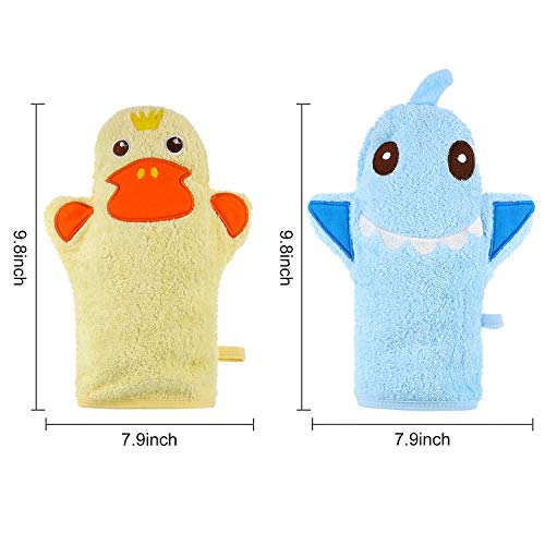 2 Pieces Baby Bath Mitt Washcloths With Cute Animal Designs Yellow Duck Shark Towel Gentle Soft Scrub For Toddler Bath And Shower #TOP1