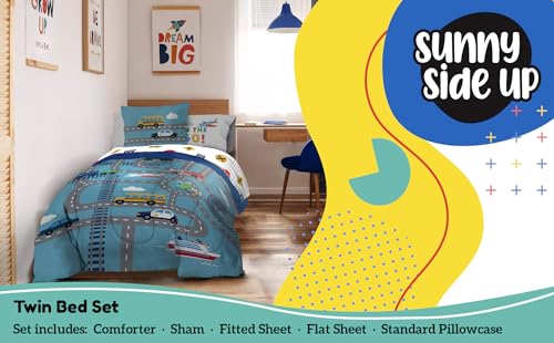 Image of Sunny Side Up On The Go Twin Comforter Set - 5 Piece Kids Bedding Includes Comforter, Sheets & Pillow Cover - Super Soft Vehicles Microfiber Bed Set