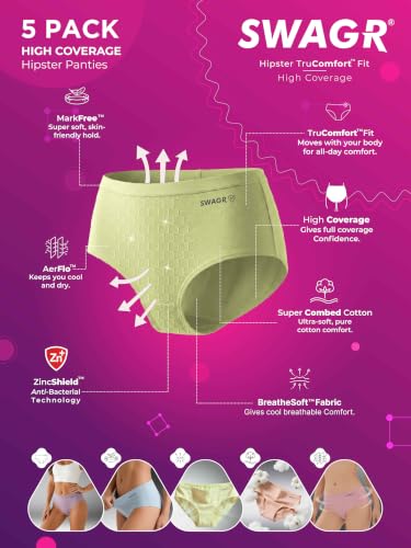 Image of SWAGR 5 Pack Women's High Coverage Super Combed Cotton Hipster Panty Set | Powered by ZincShield Anti-Bacterial Tech | BreatheSoft Fabric | MarkFree Waistband | SOXCO Style HP06