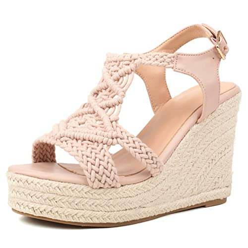 Image of Women's Woven Espadrille Wedge Sandals Bohemian Braided Open Toe Summer Shoes with Adjustable Strap 3.9 inch Platform Heel for Wide Feet, Comfortable Walking