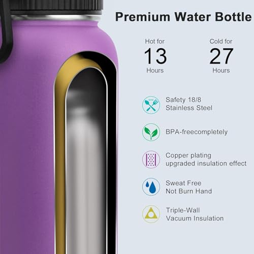 Image of Koodee 32 oz Water Bottle with Wide Handle Straw Lid, Vacuum Insulated 18 /8 Stainless Steel Wide Mouth Flask (Purple)
