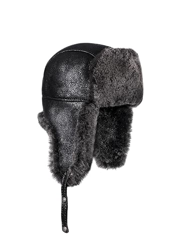 METELLINO Unisex Genuine Sheepskin Leather Russian Ushanka Winter Fur Hat, Waterproof Cap (Black Marl, Large)