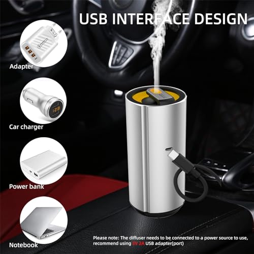 Image of Aluminum Car Diffuser Essential Oil Car Aromatherapy Humidifier 100ml Personal Vehicle Scent Freshener Cool Mist Mini Portable Ultrasonic Diffuser for Small Space (Silver)