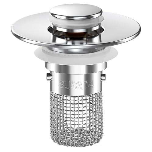 Image of SUS304 Stainless Steel Pop-Up Drain Stopper with Mesh Filter | Hair Catcher Basket, Push to Open /Close, Chrome Finish, Bathroom Sink Drain, Corrosion Resistant