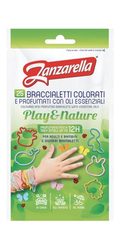Zanzarella, 25 pulseras antimosquitos Play & Nature de silicona 100% reciclable con repelente de mosquitos a base de aceites naturales, activos hasta 12 horas, 5 diseños diferentes de colores, talla