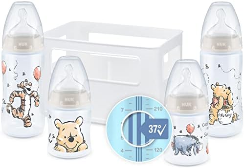 NUK First Choice+ Babyflaschen Starter Set | 0–6 Monate | 4 Flaschen mit Temperature Control & Flaschenbox | Anti-Colic Air System | BPA-frei | Disney Winnie Puuh
