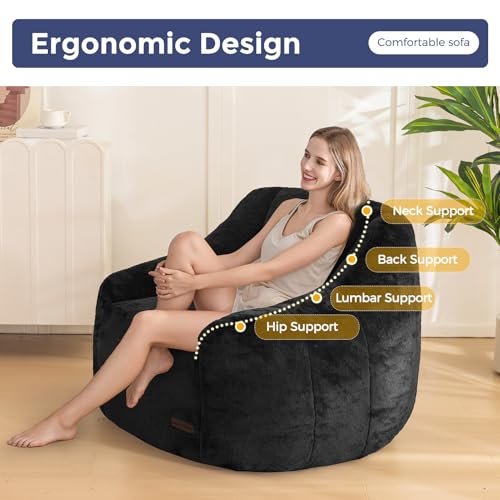 Image of MAXYOYO Bean Bag Chair, Comfy Bean Bag Sofa with Back Support, Faux Fur Bean Bag Chair for Adults and Kids, Stuffed Floor Sofa for Living Room, Bedroom, Apartment, Black
