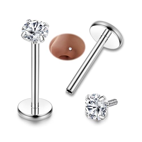 FIBO STEEL 316L Stainless Steel 2Pcs 16G 3mm CZ Inlaid Lip Rings Labret Monroe Nose Studs Helix Earring Piercing, 10mm Bar Length
