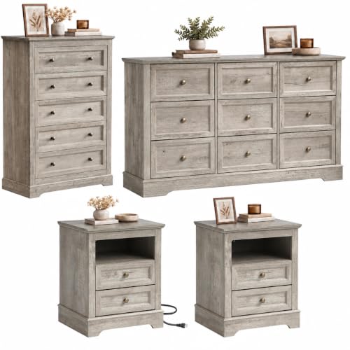 LOUVIXA Farmhouse Bedroom Sets of 4, Including 9 Drawer Dresser, 5 Drawer Dressers and Nightstand Set of 2 with Charging Station (Grey Sets, 4 Pieces)