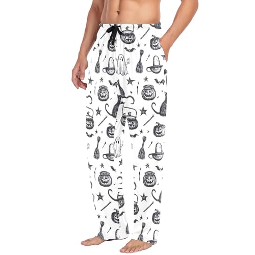 Men's Halloween Cat Pajama Pants with Pockets - Straight Fit Cotton Sleep Bottoms for Lounge & Nightwear#974