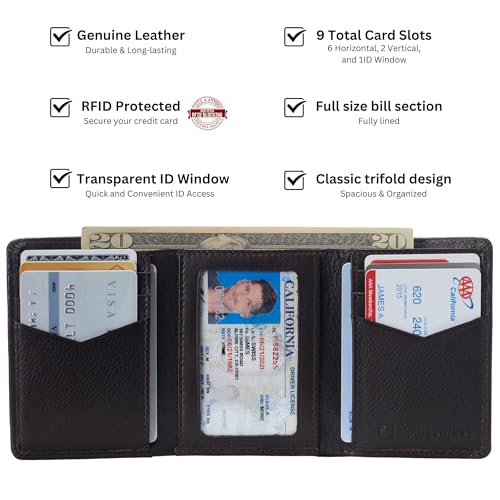 Image of Alpine Swiss Men's Leon RFID Trifold Pocket Wallet - Genuine Leather Wallet for Men, Slim Design with ID Window & Multiple Card Slots, Classic RFID Safe Pocket Wallet in gift box Brown