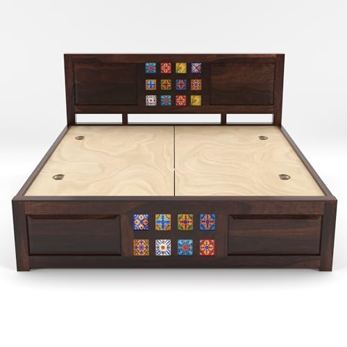 Image of Sheesham Wood Queen Size Bed with Storage Box | Wooden Box Bed Queen Size Double Cot Bed with Storage for Bedroom | Premium Tile Dalla Design Headboard Bed for Living Room | Walnut Finish