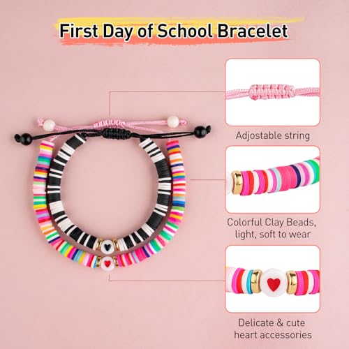Image of First Day of School Mommy and Me Matching Bracelet Set kindergarden Pre-K Back to School Gifts Adjustable Heart Clay Bead Jewelry for Mother Daughter Dad Son