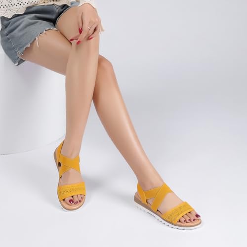 Image of Saidoteto Women's Flat Sandals,Comfortable Elastic Ankle Strap Slingback Slip-On Open Toe Low Wedge Walking Sandals for Summer & Casual
