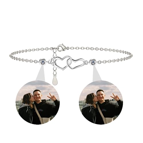 Custom Photo Projection Bracelet with Picture Inside Personalized Heart Photo Projection Bracelet for Women Men 100 Languages ​​I Love You Bracelet Adjustable Rope Bracelets for Couple Best Friend