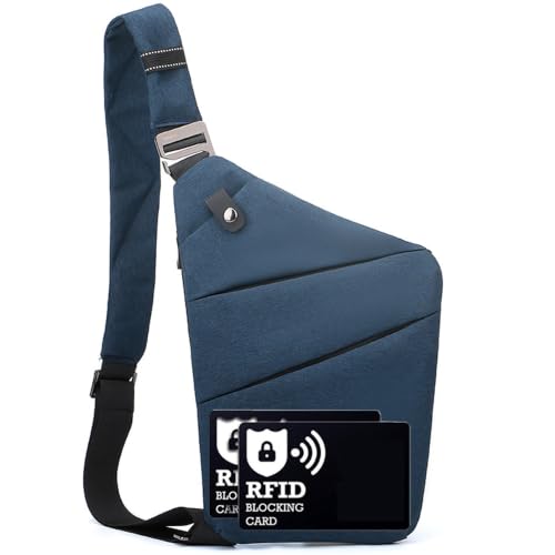 Image of Anti Theft Crossbody Bags for Women Men, Multi-Pocket Shoulder Bag, Slim Sling Bags with 2 RFID Blocking Card (Left Shoulder-Blue#2)