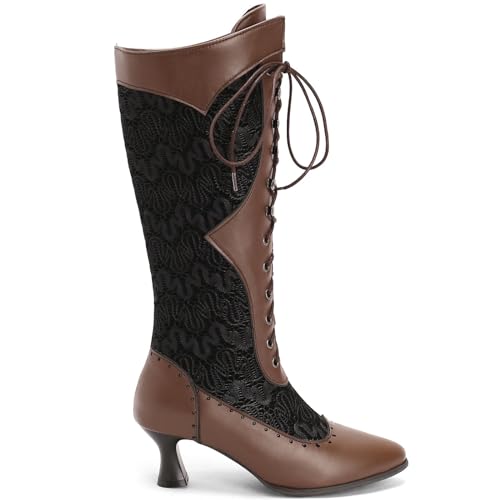 Seborluys Women Victorian Vintage Knee High Boots Kitten Heel Pointed Toe Lace Up Knee Length Boots Pull On Long Boot2