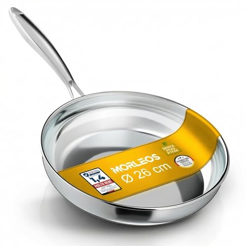 Morleos Padella in acciaio inox 26 cm Non rivestita | 5 strati - 3 mm - 1,12 kg | Padella per saltare in acciaio inox per induzione | Lavabile in lavastoviglie e adatta al forno fino a 400°C | Alta