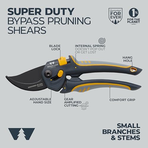Woodland Tools Co. Super Duty Bypass Pruning Shears – 3/4" Cut Capacity, Gear-Driven Cutting System, High Carbon Steel Blade, Internal Spring, Adjustable Grip, Garden Pruner for Thick Stems and Shrubs