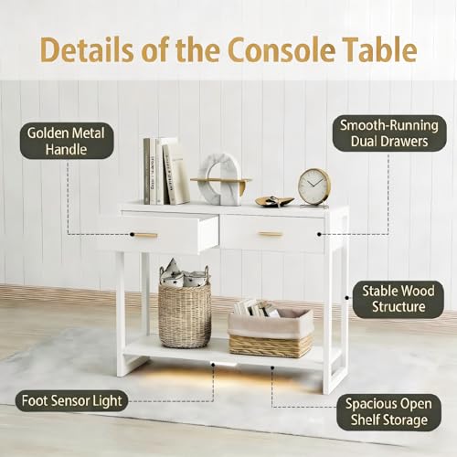 Image of Slim Entryway Console Table with Foot-Sensor Light - 2 Deep Drawers & Open Center Shelf, Reinforced Legs & Comfortable Metal Handles, Multi-Scene Use for Hallway /Living Room /Small Apartment