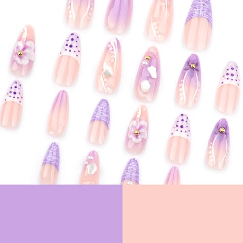 Image of Purple Press on Nails French Tip Fake Nails Medium Almond False Nail with Pearl Design 3D Flower Glue on Nails Artificial Acrylic Nail Nude Stick on Nail for Women Girls Manicure 24Pcs