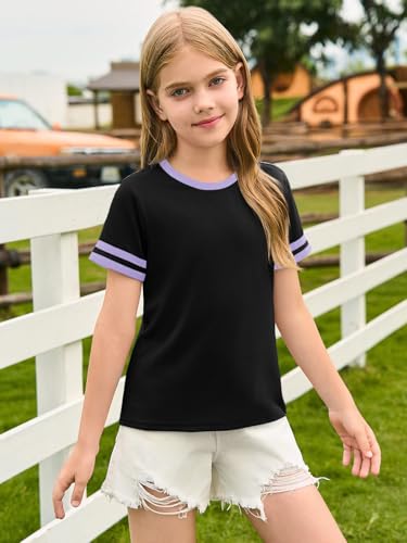 Image of Haloumoning Girls Short Sleeve T Shirts Kids Summer Crewneck Color Block Tops Fashion Tees 5-14 Years