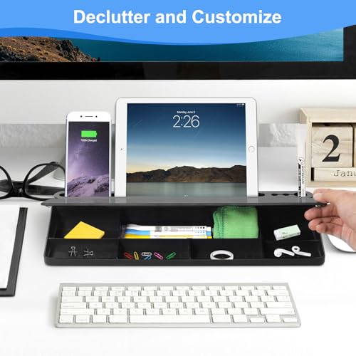 Desktop Glass Whiteboard with Storage, Desk Board with Computer Keyboard Stand, White Dry Erase Board with Drawers for Home, School, Office Desk Organizers and Accessories – Black