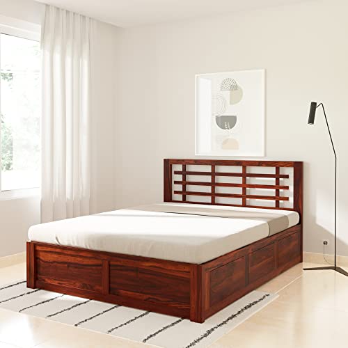 Image of Solid Sheesham Wood Meliora Queen Size Bed with Box Storage Wooden Double Bed Palang Cot for Bedroom, Living Room, Hotel and Home (Honey Finish)