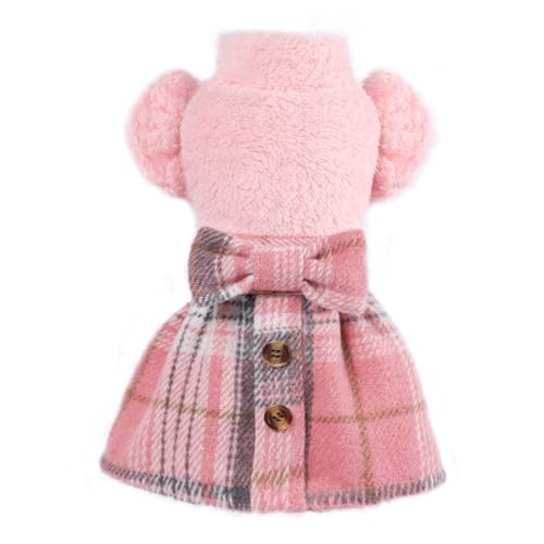 Dog Dresses for Small Dogs Girl Winter Puppy Clothes Fleece Warm Pet Dress for Chihuahua Yorkie Cold Weather Dog Coat Cat Outfit Apparel Plaid Doggy Skirt Cute Doggie Clothing (X-Small, Pink)
